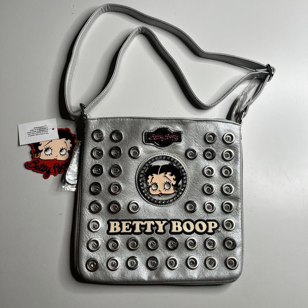Betty Boop Crossbody Bag Womens Medium Silver Studded Faux Leather‎ Cartoon